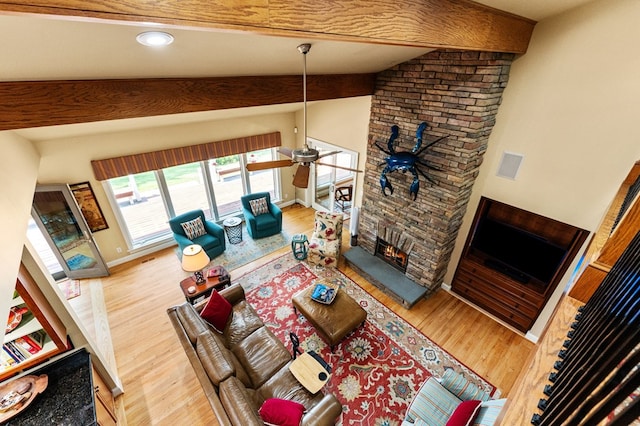 873 Deep Creek Rd, Lancaster, VA 22503 - living room featuring wood finished floors, a ceiling fan, a fireplace, and recessed lighting