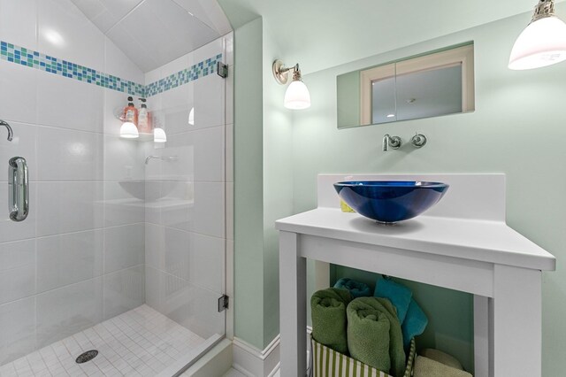 873 Deep Creek Rd, Lancaster, VA 22503 - full bath featuring a sink, a stall shower, and lofted ceiling
