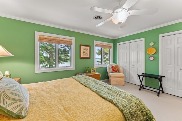 873 Deep Creek Rd, Lancaster, VA 22503 - carpeted bedroom with two closets, crown molding, and ceiling fan