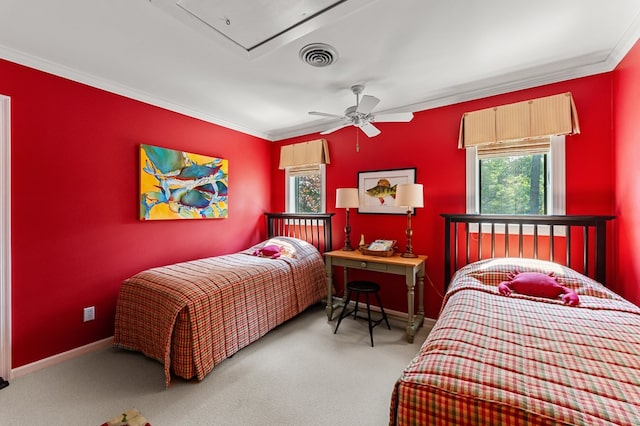 873 Deep Creek Rd, Lancaster, VA 22503 - carpeted bedroom featuring crown molding, multiple windows, attic access, and baseboards