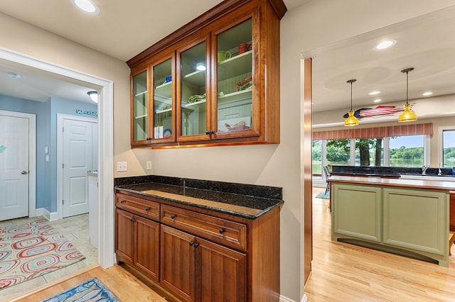873 Deep Creek Rd, Lancaster, VA 22503 - bar with light wood finished floors, a sink, recessed lighting, pendant lighting, and baseboards