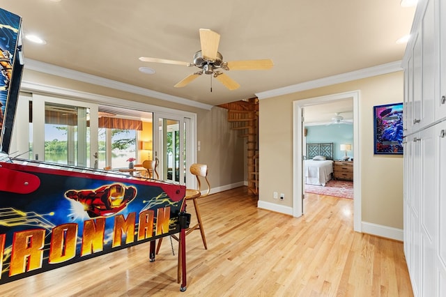 873 Deep Creek Rd, Lancaster, VA 22503 - dining area with a ceiling fan, ornamental molding, baseboards, light wood-type flooring, and recessed lighting