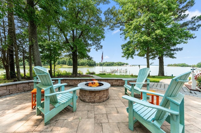 873 Deep Creek Rd, Lancaster, VA 22503 - view of patio featuring an outdoor fire pit and a water view