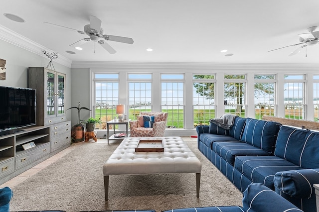 tiled living room with french doors and ornamental molding