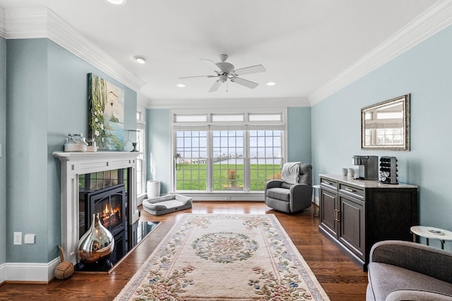 living area featuring ceiling fan, crown molding, and dark wood-type flooring