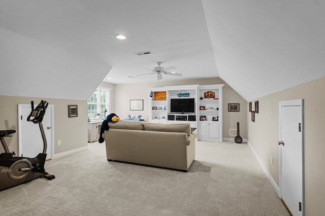 living room with ceiling fan, light colored carpet, and lofted ceiling