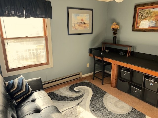 carpeted office with a baseboard radiator and a healthy amount of sunlight