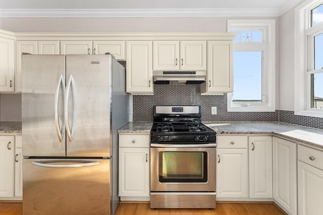 kitchen featuring backsplash, crown molding, under cabinet range hood, light wood-style flooring, and appliances with stainless steel finishes