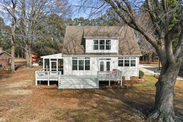 back of house featuring a sunroom, french doors, a wooden deck, a shingled roof, and crawl space