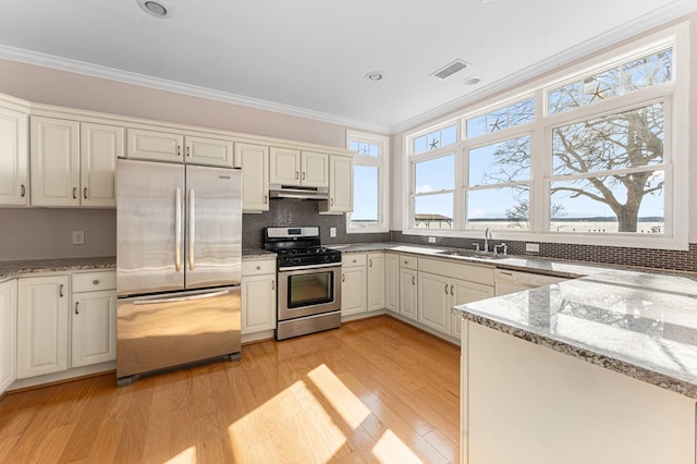 kitchen with under cabinet range hood, visible vents, appliances with stainless steel finishes, and ornamental molding