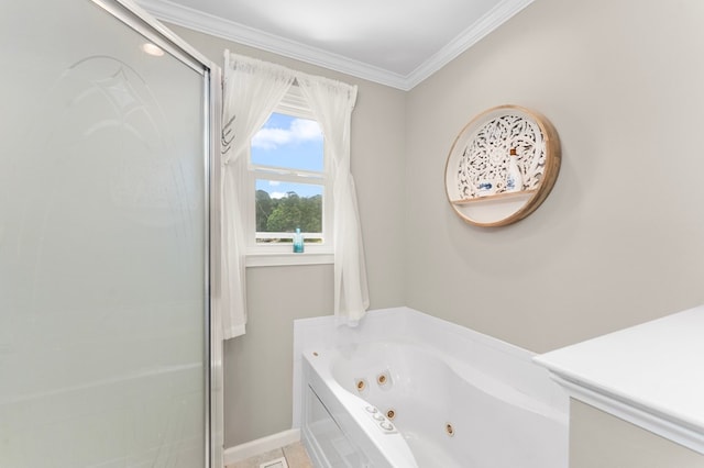 844 Monarch Shores Rd, Kilmarnock, VA 22482 - full bathroom with a tub with jets, crown molding, a shower stall, and baseboards