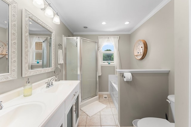 844 Monarch Shores Rd, Kilmarnock, VA 22482 - full bathroom featuring toilet, ornamental molding, a shower stall, a garden tub, and tile patterned floors