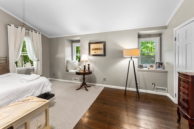 844 Monarch Shores Rd, Kilmarnock, VA 22482 - bedroom featuring wood-type flooring, multiple windows, lofted ceiling, ornamental molding, and baseboards