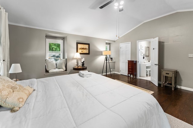 844 Monarch Shores Rd, Kilmarnock, VA 22482 - bedroom featuring wood-type flooring, baseboards, vaulted ceiling, ceiling fan, and crown molding