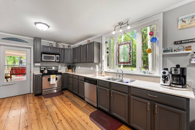 844 Monarch Shores Rd, Kilmarnock, VA 22482 - kitchen featuring appliances with stainless steel finishes, a sink, crown molding, light countertops, and light wood-type flooring