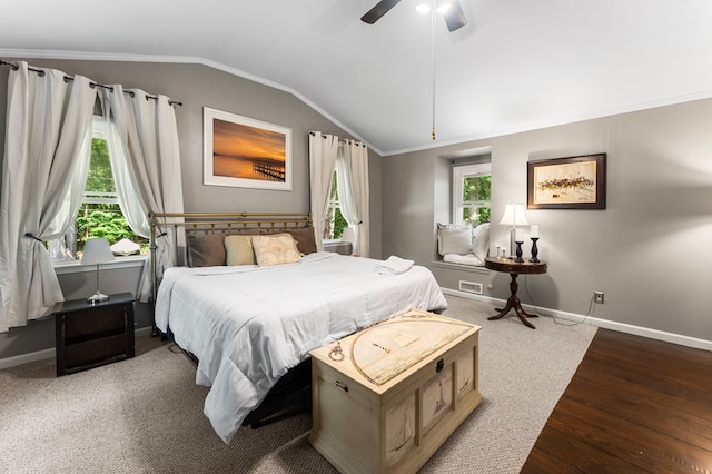 844 Monarch Shores Rd, Kilmarnock, VA 22482 - bedroom featuring lofted ceiling, baseboards, wood finished floors, ceiling fan, and ornamental molding