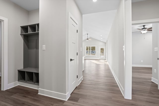 hall featuring dark wood-type flooring and lofted ceiling