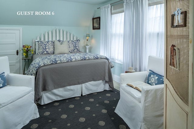 bedroom featuring multiple windows and vaulted ceiling