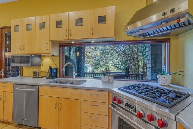 783 King Carter Dr, Irvington, VA 22480 - kitchen featuring appliances with stainless steel finishes, ventilation hood, light brown cabinetry, and sink