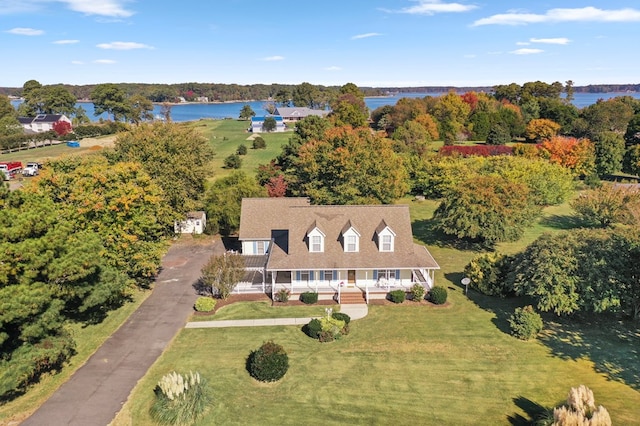 drone / aerial view featuring a water view