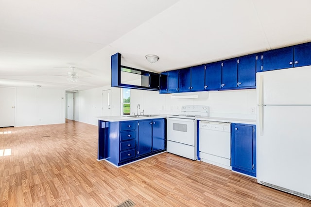 640 Ridge Rd, Callao, VA 22435 - kitchen with white appliances, blue cabinets, light wood-type flooring, and lofted ceiling
