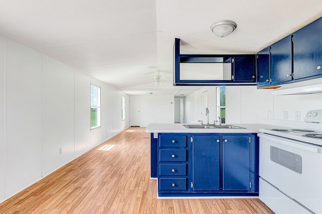 640 Ridge Rd, Callao, VA 22435 - kitchen featuring electric range, blue cabinetry, under cabinet range hood, and light wood-style floors