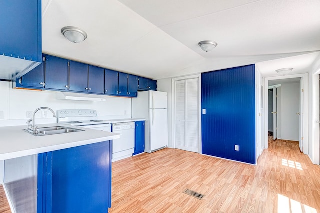 640 Ridge Rd, Callao, VA 22435 - kitchen featuring white appliances, blue cabinets, light wood-type flooring, under cabinet range hood, and light countertops