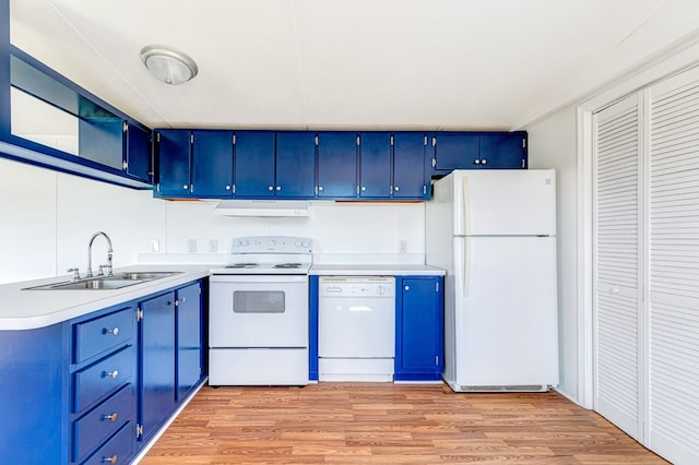 640 Ridge Rd, Callao, VA 22435 - kitchen with white appliances, blue cabinetry, under cabinet range hood, and light wood-type flooring