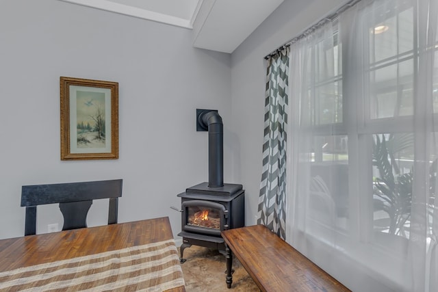 interior space with a wood stove