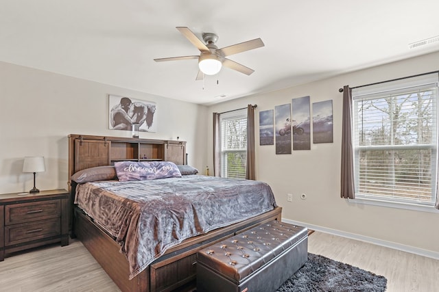 bedroom featuring visible vents, ceiling fan, light wood-style flooring, and baseboards