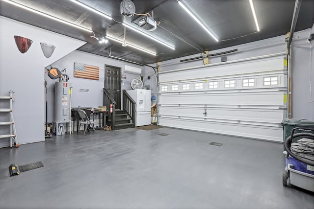 garage with white fridge with ice dispenser, water heater, and a garage door opener