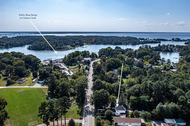 drone / aerial view with a water view