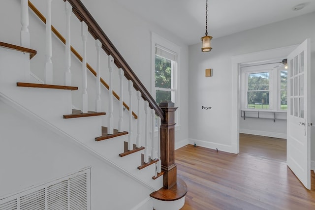 foyer featuring ceiling fan and wood-type flooring