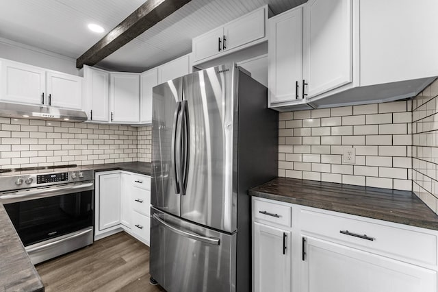 kitchen featuring appliances with stainless steel finishes, backsplash, dark wood-type flooring, beamed ceiling, and white cabinetry