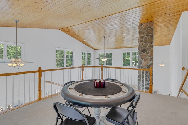 207 Pelican Way, Reedville, VA 22539 - carpeted dining room with vaulted ceiling, wooden ceiling, and a ceiling fan