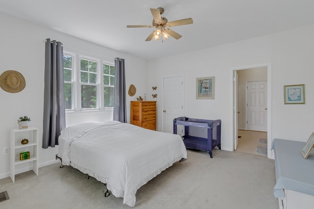 207 Pelican Way, Reedville, VA 22539 - bedroom with a ceiling fan, baseboards, light colored carpet, and visible vents