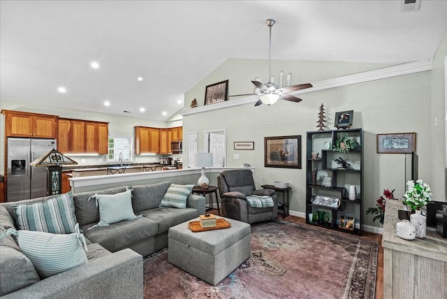 126 Pioneer Trl, Hague, VA 22469 - living room featuring a ceiling fan, recessed lighting, wood finished floors, and high vaulted ceiling