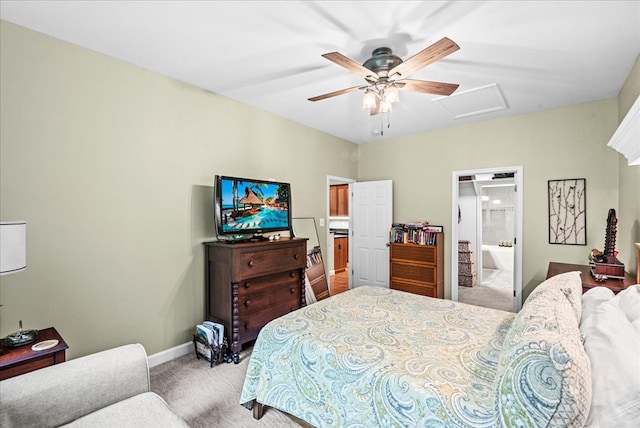 126 Pioneer Trl, Hague, VA 22469 - bedroom featuring attic access, light colored carpet, ensuite bathroom, and a ceiling fan