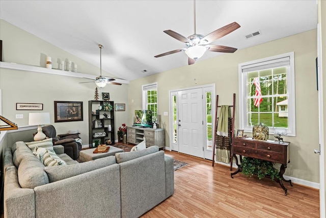126 Pioneer Trl, Hague, VA 22469 - living area with a ceiling fan, light wood-type flooring, and vaulted ceiling