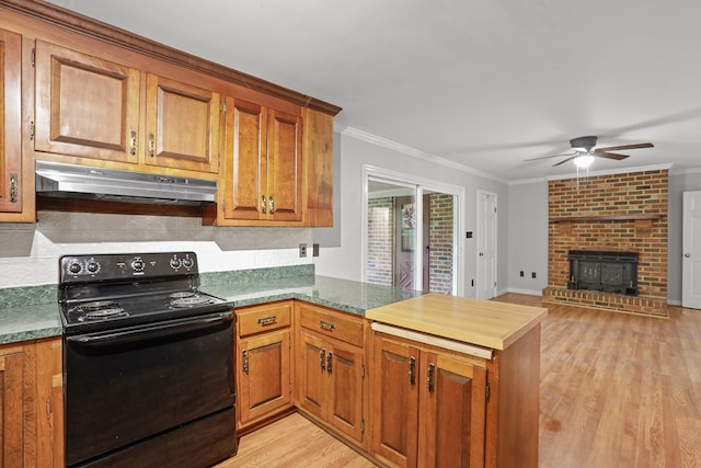383 Monroe St, Montross, VA 22520 - kitchen with electric range, under cabinet range hood, a peninsula, ceiling fan, and light wood-style floors