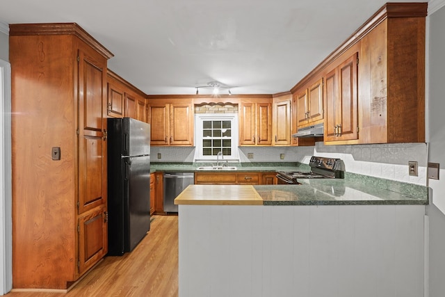 383 Monroe St, Montross, VA 22520 - kitchen with black appliances, under cabinet range hood, a sink, a peninsula, and light wood-style flooring