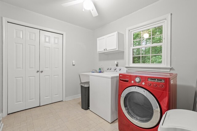 383 Monroe St, Montross, VA 22520 - laundry room with washing machine and clothes dryer, cabinet space, ceiling fan, and baseboards