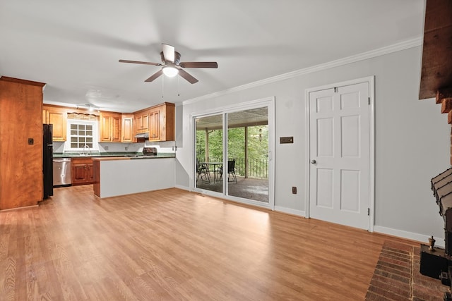 383 Monroe St, Montross, VA 22520 - unfurnished living room with a ceiling fan, light wood finished floors, crown molding, and baseboards