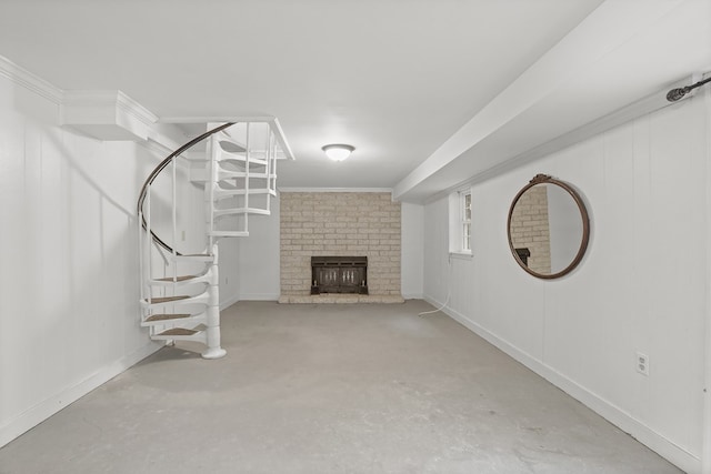 383 Monroe St, Montross, VA 22520 - unfurnished living room featuring concrete floors, a fireplace, baseboards, and ornamental molding