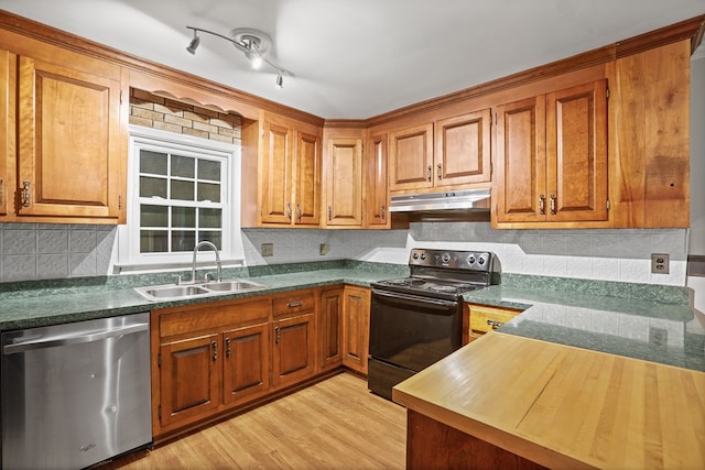 383 Monroe St, Montross, VA 22520 - kitchen with dishwasher, black range with electric cooktop, under cabinet range hood, a sink, and brown cabinets