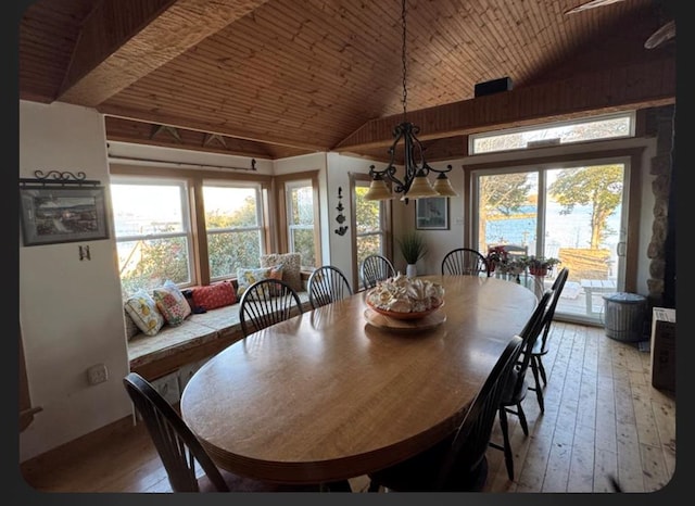 dining area featuring wood ceiling, a water view, vaulted ceiling, and light wood finished floors