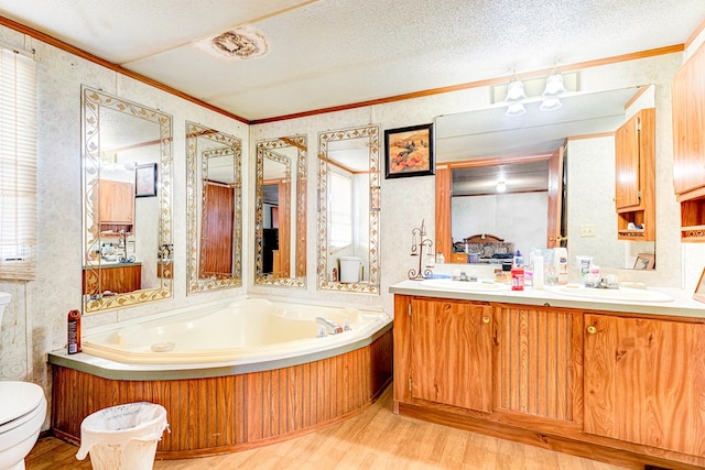 bathroom featuring toilet, wood finished floors, a garden tub, a textured ceiling, and a sink