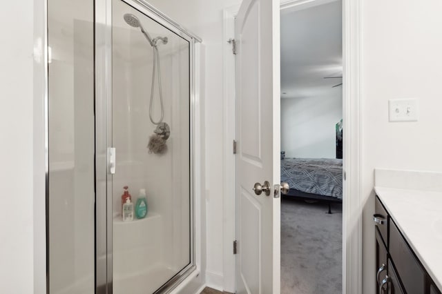 bathroom with a shower with door and vanity