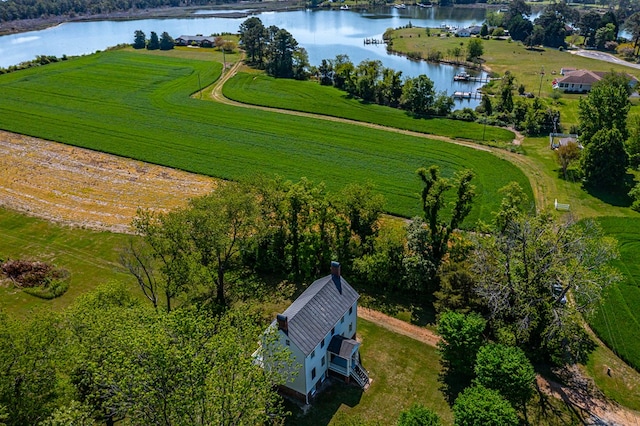 bird's eye view with a water view and a rural view