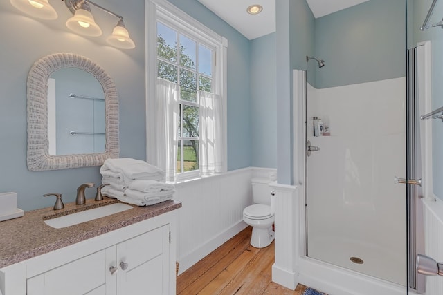 bathroom with vanity, wood-type flooring, toilet, and walk in shower